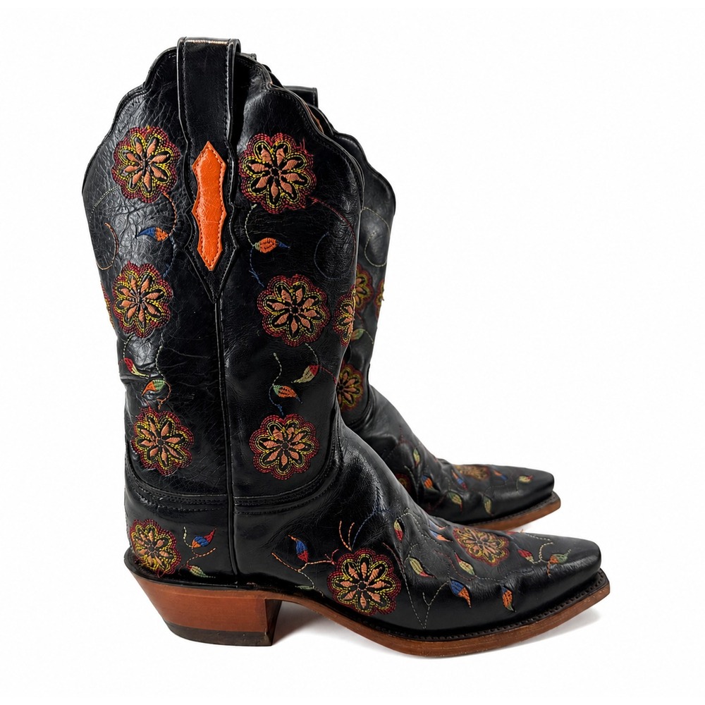 Lucchese 1883 Boots Women 7 B Black Leather Floral Embroidered Western Cowboy
